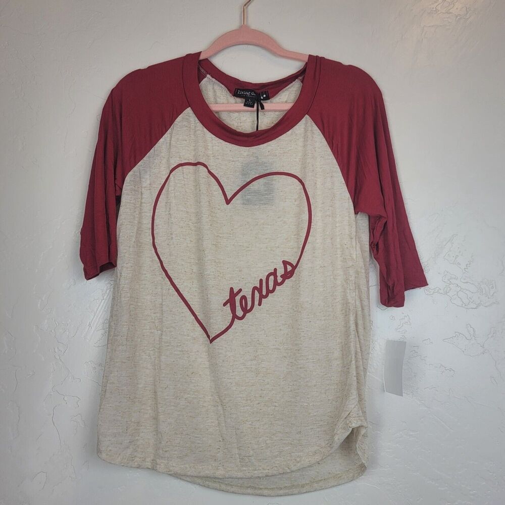Living Doll LA Womens Sz S Linen Blend Graphic Tee Texas Heart Raglan Top Shirt